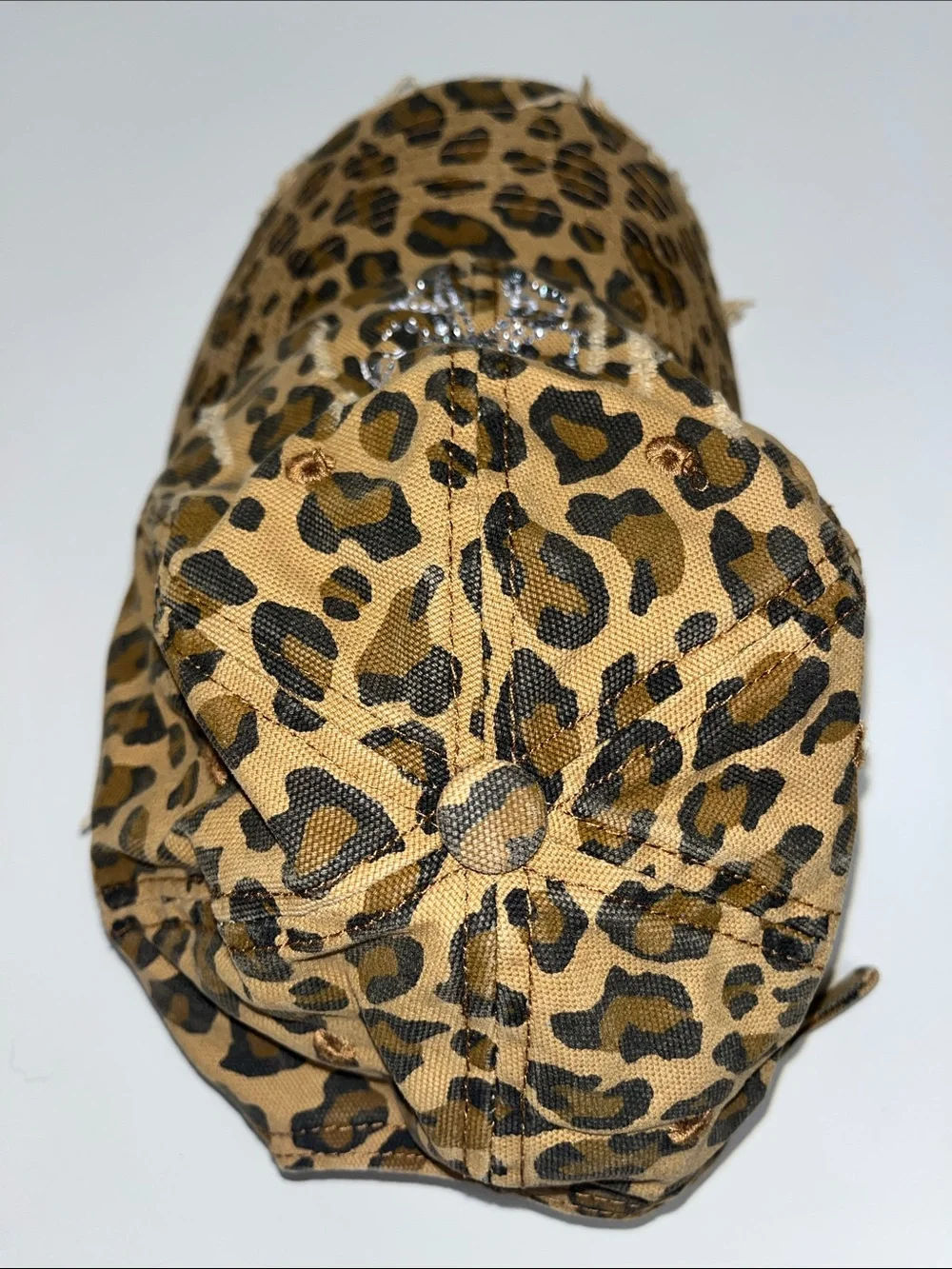 Source Unknown Distressed Leopard Print Cap with Rhinestone Bow